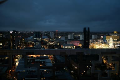Liverpool waterfront at dusk, with the Liverpool Wheel