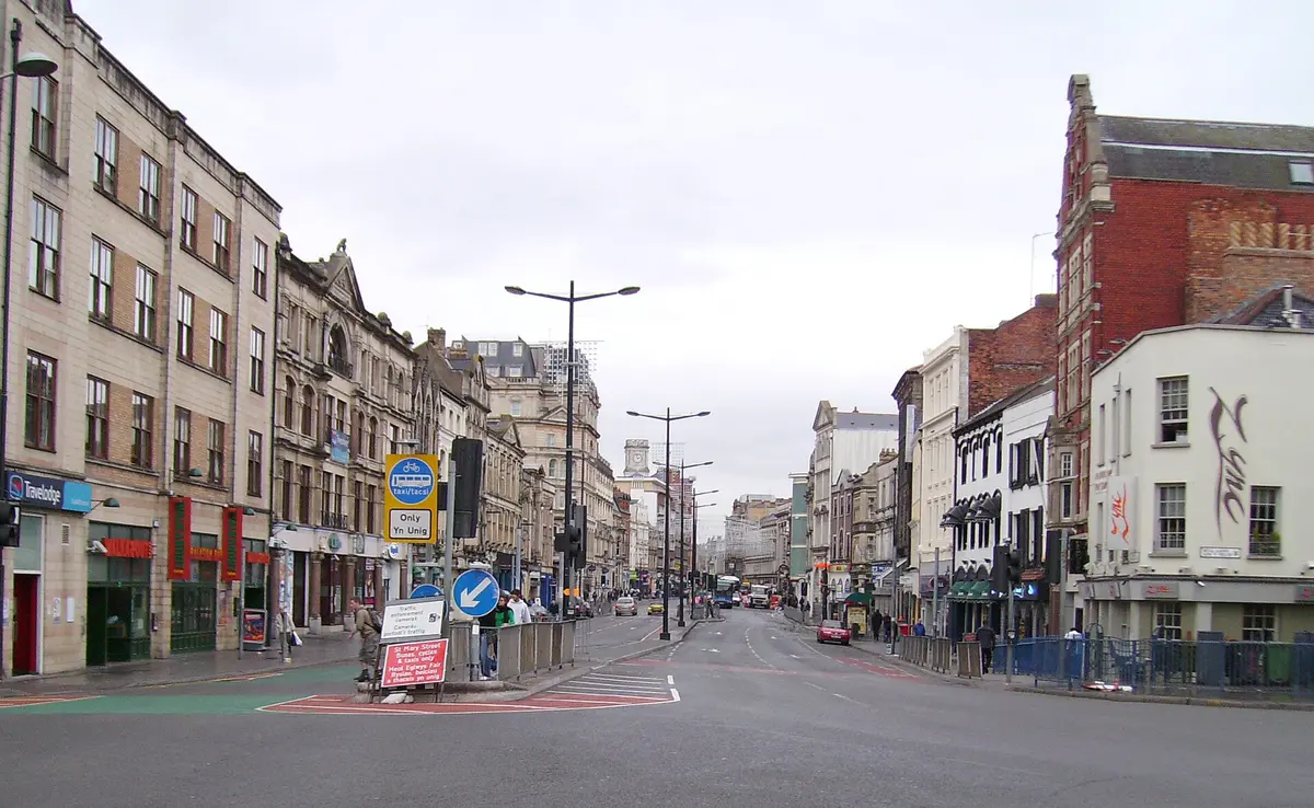 Looking along St Mary Street in the centre of Cardiff